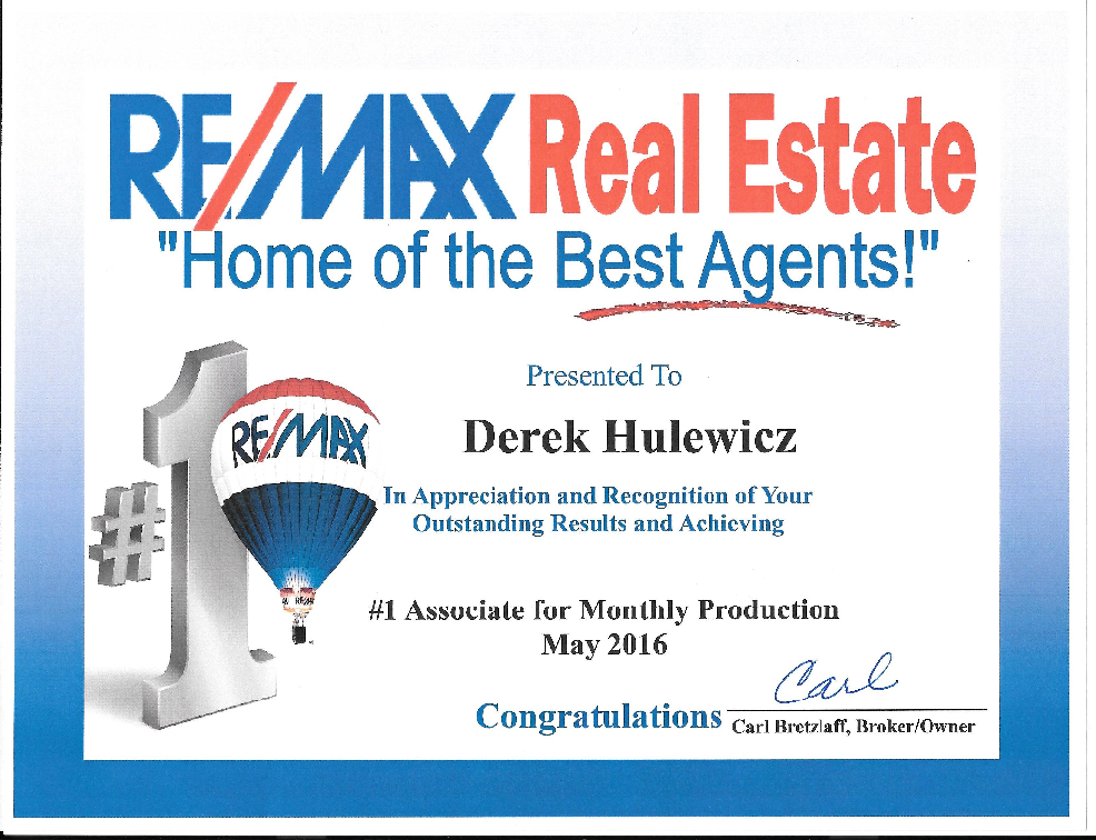 top remax realtor in may of 2016 derek hulewicz