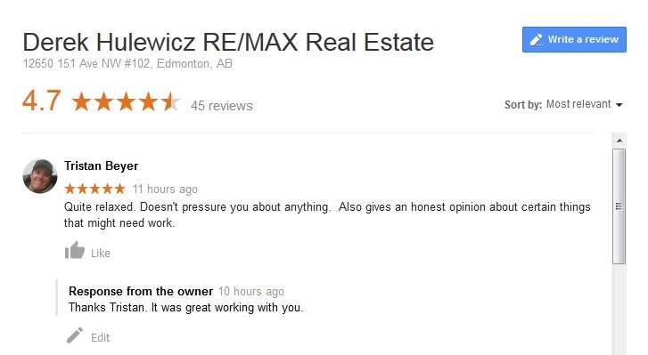 google review for derek hulewicz real estate services